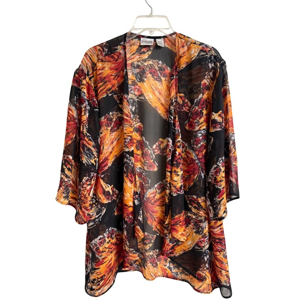 Chicos 100% Silk Butterfly Print Kimono Wrap Cardigan Orange Black Size 2 L